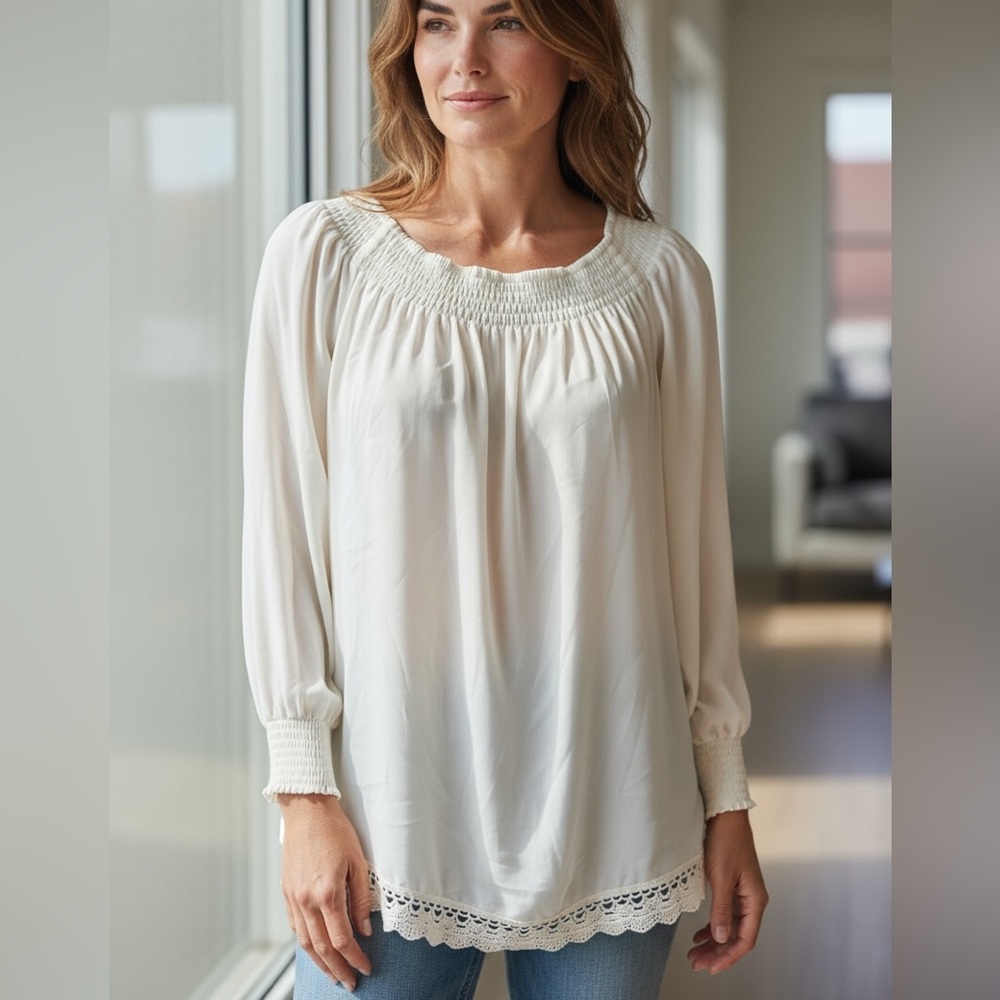 Express Cream Smocked Boho Blouse with Crochet Hem – Size M